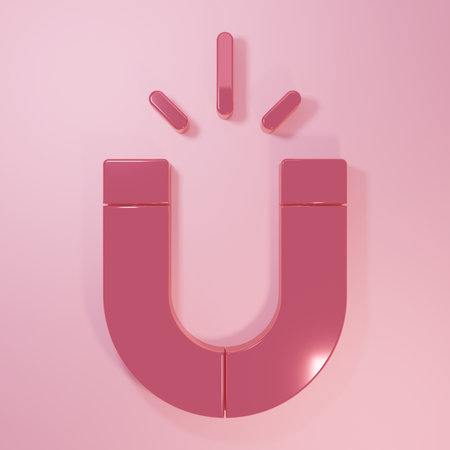Pink Magnet icon isolated on pink background. Horseshoe magnet, magnetism, magnetize, attraction. Minimalism concept. 3D render illustration.の写真素材