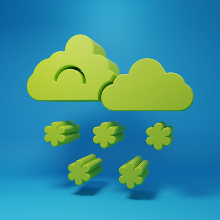 Green Cloud with snow icon isolated on blue background. Cloud with snowflakes. Single weather icon. Snowing sign. Minimalism concept. 3D render illustration.の写真素材