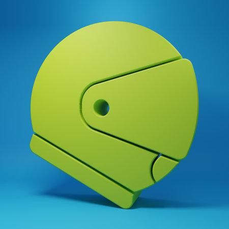 Green Helmet icon isolated on blue background. Extreme sport. Sport equipment. Minimalism concept. 3D render illustration.の写真素材