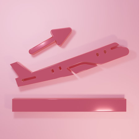 Pink Plane takeoff icon isolated on pink background. Airplane transport symbol. Minimalism concept. 3D render illustration.の写真素材