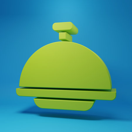 Green Covered with a tray of food icon isolated on blue background. Tray and lid sign. Restaurant cloche with lid. Minimalism concept. 3D render illustration.の写真素材
