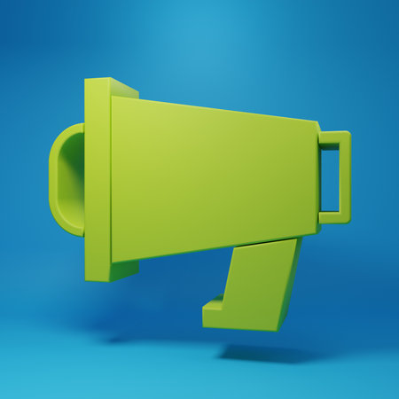 Green Megaphone icon isolated on blue background. Speaker sign. Minimalism concept. 3D render illustration.の写真素材