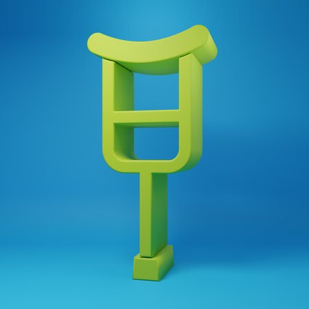 Green Crutch or crutches icon isolated on blue background. Equipment for rehabilitation of people with diseases of musculoskeletal system. Minimalism concept. 3D render illustration.の写真素材