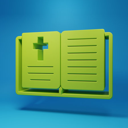 Green Holy bible book icon isolated on blue background. Minimalism concept. 3D render illustration.の写真素材