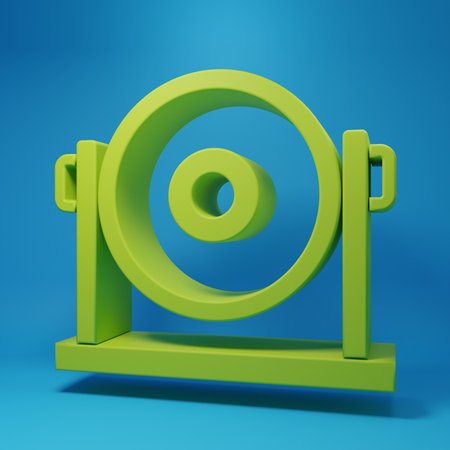 Green Gong musical percussion instrument circular metal disc icon isolated on blue background. Minimalism concept. 3D render illustration.の写真素材