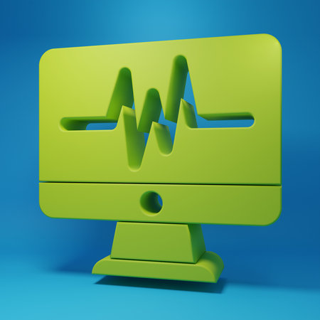 Green Computer monitor with cardiogram icon isolated on blue background. Monitoring icon. ECG monitor with heart beat hand drawn. Minimalism concept. 3D render illustration.の写真素材