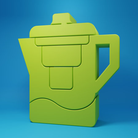Green Water jug with a filter icon isolated on blue background. Minimalism concept. 3D render illustration.の写真素材