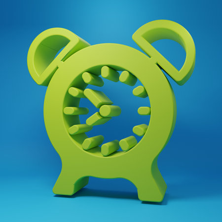 Green Alarm clock icon isolated on blue background. Wake up, get up concept. Time sign. Minimalism...