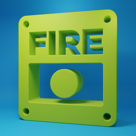 Green Fire alarm system icon isolated on blue background. Pull danger fire safety box. Minimalism...