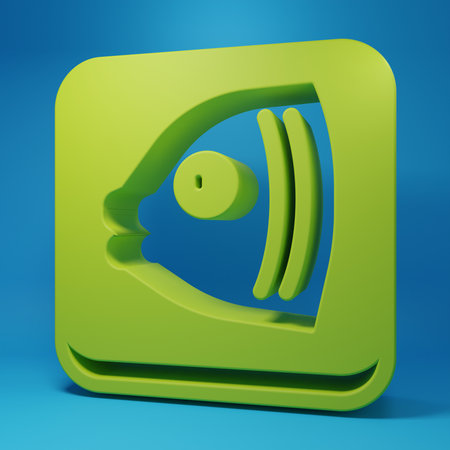Green Fish head icon isolated on blue background. Minimalism concept. 3D render illustration.の写真素材