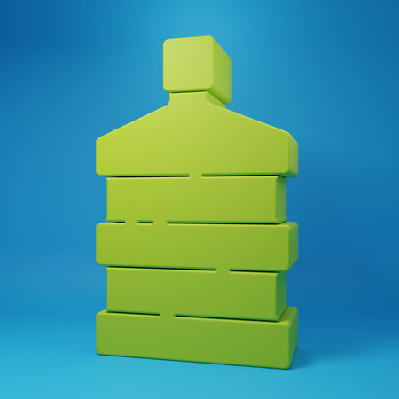 Green Big bottle with clean water icon isolated on blue background. Plastic container for the cooler. Minimalism concept. 3D render illustration.の写真素材