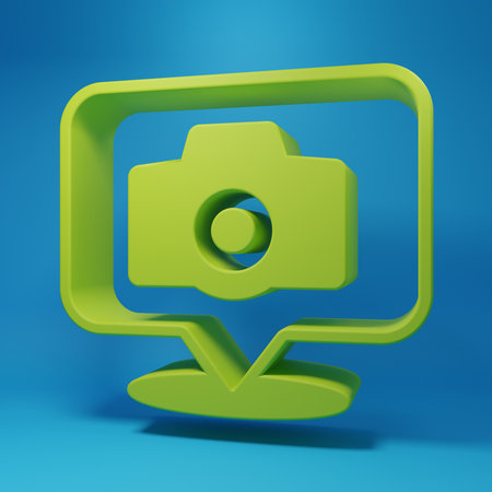 Green Photo camera icon isolated on blue background. Foto camera. Digital photography. Minimalism concept. 3D render illustration.の写真素材