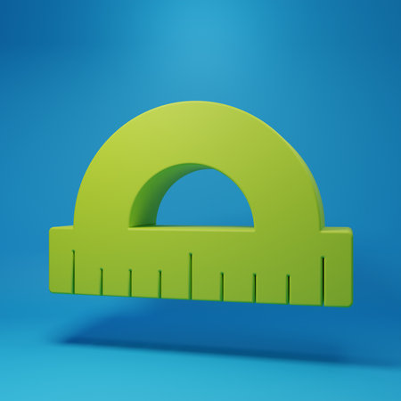 Green Protractor grid for measuring degrees icon isolated on blue background. Tilt angle meter. Measuring tool. Geometric symbol. Minimalism concept. 3D render illustration.の写真素材