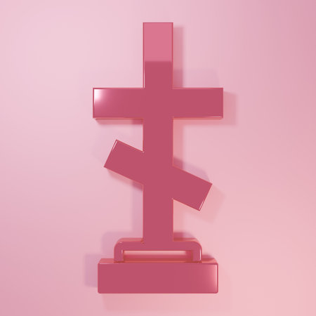 Pink Grave with cross icon isolated on pink background. Minimalism concept. 3D render illustration.の写真素材
