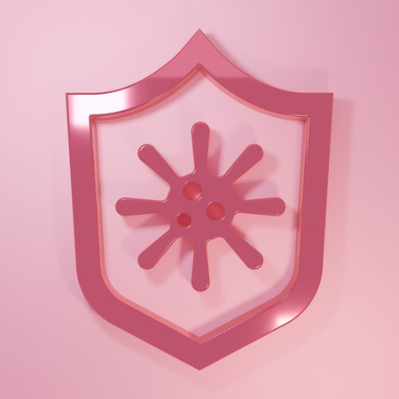Pink Shield protecting from virus, germs and bacteria icon isolated on pink background. Immune...
