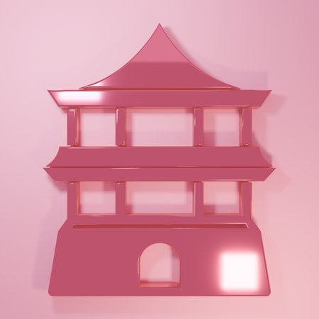 Pink Traditional chinese house icon isolated on pink background. Minimalism concept. 3D render illustration.の写真素材
