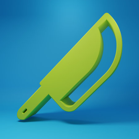 Green Knife icon isolated on blue background. Cutlery symbol. Happy Halloween party. Minimalism concept. 3D render illustration.の写真素材