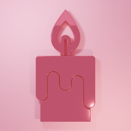 Pink Burning candle icon isolated on pink background. Cylindrical candle stick with burning flame. Minimalism concept. 3D render illustration.の写真素材