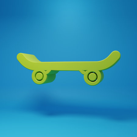 Green Skateboard icon isolated on blue background. Extreme sport. Sport equipment. Minimalism concept. 3D render illustration.の写真素材