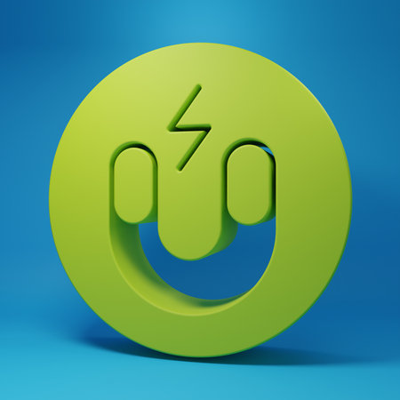 Green Magnet icon isolated on blue background. Horseshoe magnet, magnetism, magnetize, attraction. Minimalism concept. 3D render illustration.の写真素材