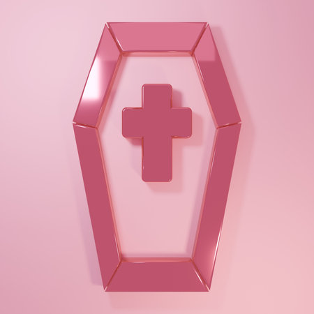 Pink Coffin with Christian cross icon isolated on pink background. Happy Halloween party. Minimalism concept. 3D render illustration.の写真素材