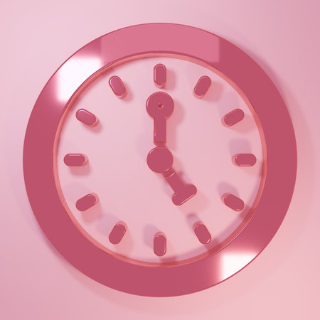 Pink Clock icon isolated on pink background. Time symbol. Minimalism concept. 3D render...