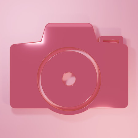 Pink Photo camera icon isolated on pink background. Foto camera. Digital photography. Minimalism concept. 3D render illustration.の写真素材