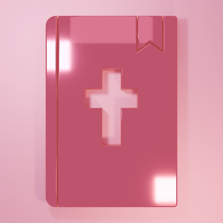 Pink Holy bible book icon isolated on pink background. Minimalism concept. 3D render illustration.の写真素材