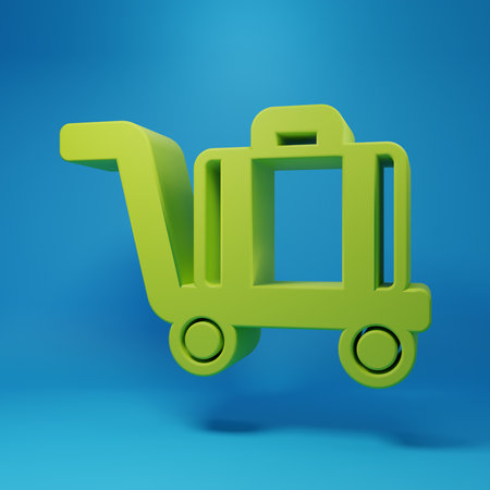 Green Trolley suitcase icon isolated on blue background. Traveling baggage sign. Travel luggage icon. Minimalism concept. 3D render illustration.の写真素材