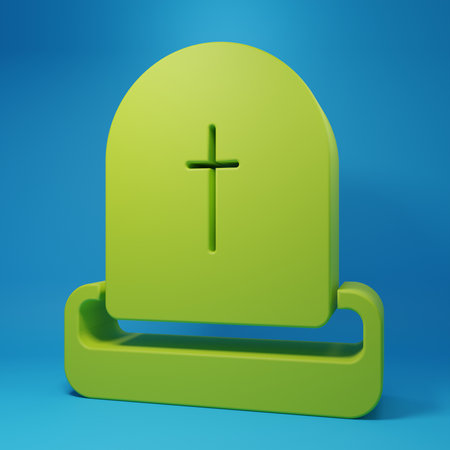 Green Tombstone with RIP written on it icon isolated on blue background. Grave icon. Halloween party. Minimalism concept. 3D render illustration.の写真素材