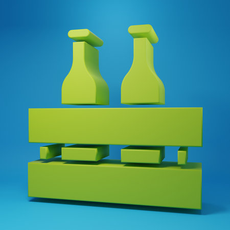 Green Pack of beer bottles icon isolated on blue background. Wooden box and beer bottles. Case crate beer box sign. Minimalism concept. 3D render illustration.の写真素材