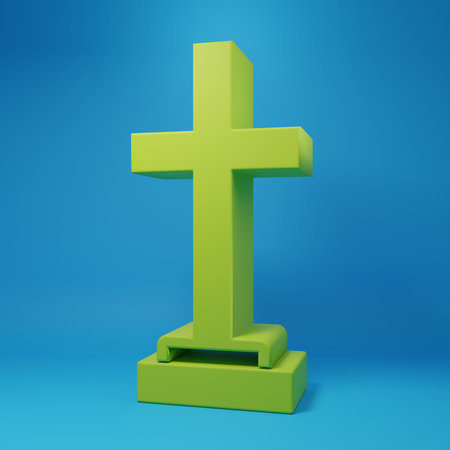 Green Grave with cross icon isolated on blue background. Minimalism concept. 3D render illustration.の写真素材