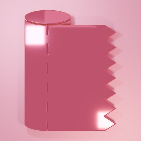 Pink Textile fabric roll icon isolated on pink background. Roll, mat, rug, cloth, carpet or paper roll icon. Minimalism concept. 3D render illustration.の写真素材