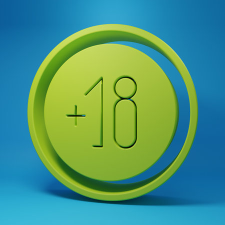 Green Alcohol 18 plus icon isolated on blue background. Prohibiting alcohol beverages. Minimalism concept. 3D render illustration.の写真素材