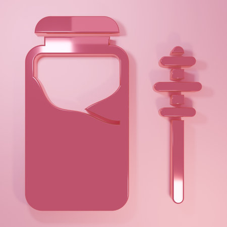 Pink Jar of honey and honey dipper stick icon isolated on pink background. Food bank. Sweet natural food symbol. Honey ladle. Minimalism concept. 3D render illustration.の写真素材