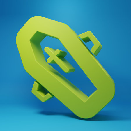 Green Coffin with Christian cross icon isolated on blue background. Happy Halloween party. Minimalism concept. 3D render illustration.の写真素材