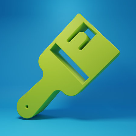 Green Paint brush icon isolated on blue background. Minimalism concept. 3D render illustration.の写真素材