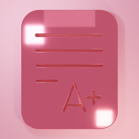 Pink Exam sheet with A plus grade icon isolated on pink background. Test paper, exam, or survey concept. School test or exam. Minimalism concept. 3D render illustration.の写真素材