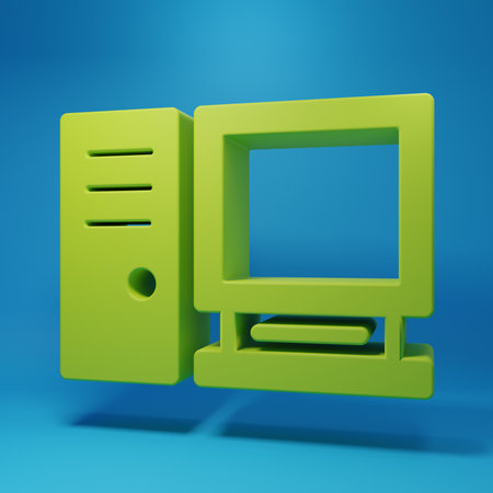 Green Computer monitor icon isolated on blue background. PC component sign. Minimalism concept. 3D render illustration.の写真素材