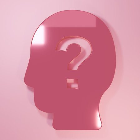 Pink Human head with question mark icon isolated on pink background. Minimalism concept. 3D render illustration.の写真素材