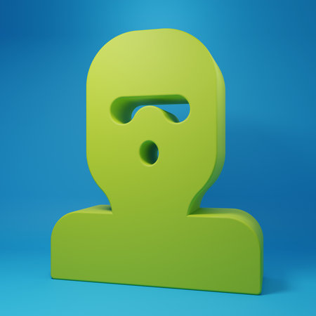 Green Thief mask icon isolated on blue background. Bandit mask, criminal man. Minimalism concept. 3D render illustration.の写真素材
