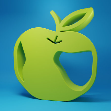 Green Apple icon isolated on blue background. Excess weight. Healthy diet menu. Fitness diet apple. Minimalism concept. 3D render illustration.の写真素材
