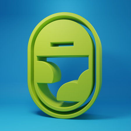 Green Airplane window icon isolated on blue background. Aircraft porthole. Minimalism concept. 3D render illustration.の写真素材
