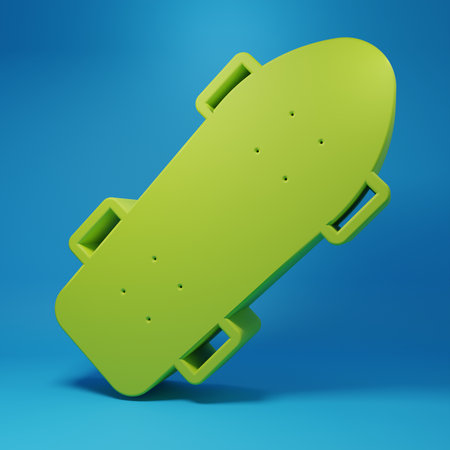 Green Skateboard icon isolated on blue background. Extreme sport. Sport equipment. Minimalism concept. 3D render illustration.の写真素材