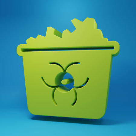 Green Infectious waste icon isolated on blue background. Tank for collecting radioactive waste. Dumpster or container. Biohazardous substances. Minimalism concept. 3D render illustration.の写真素材