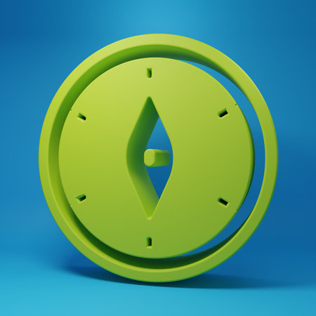 Green Compass icon isolated on blue background. Windrose navigation symbol. Wind rose sign. Minimalism concept. 3D render illustration.の写真素材