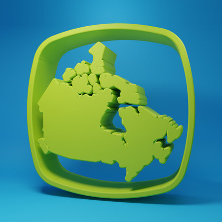 Green Canada map icon isolated on blue background. Minimalism concept. 3D render illustration.の写真素材