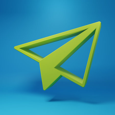 Green Paper airplane icon isolated on blue background. Minimalism concept. 3D render illustration.の写真素材