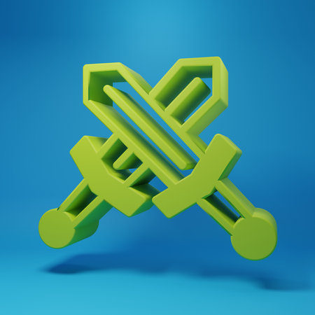Green Crossed medieval sword icon isolated on blue background. Medieval weapon. Minimalism concept. 3D render illustration.の写真素材