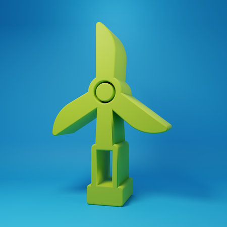 Green Wind turbine icon isolated on blue background. Wind generator sign. Windmill for electric power production. Minimalism concept. 3D render illustration.の写真素材